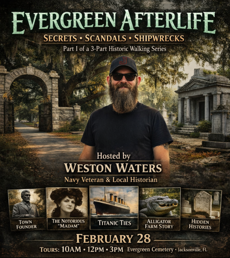 Evergreen Afterlife: Secrets, Scandals & Shipwrecks part 1 jax tours fun cemetery Wes